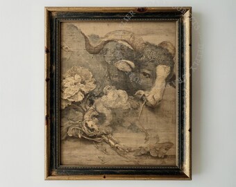 Dibujo desgastado de carnero y rosas, decoración gótica Dark Academia, descarga digital, estudio de animales vintage.