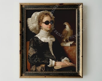 Aristócrata ciego leyendo Braille, retrato con halcón, estilo vintage Dark Academia (descarga digital)