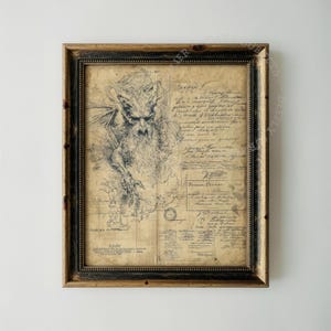 Op de afbeelding: Een ingelijste print met een donkere, gedetailleerde inktillustratie van een gevleugeld, bebaard wezen met scherpe gelaatstrekken, geplaatst op een achtergrond van verouderd, vergeeld perkamentpapier vol handgeschreven tekst en diverse stempels.