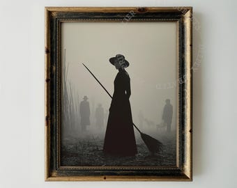 Gothic Witch Print, Marshland Silhouette with Spooky Figures, Digital Download