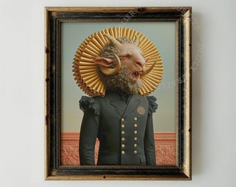 Mythical Creature Portrait with Sunburst Halo, Dark Fantasy Printable Art, Chimera