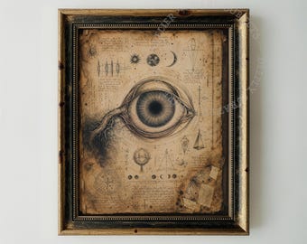 Ilustración ocultista anatómica de un ojo con fases lunares, estilo gótico vintage (descarga digital)
