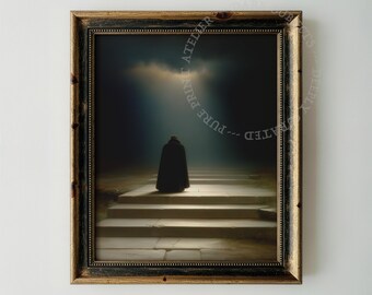 Arte gótico fantástico, figura encapuchada en escaleras de piedra, descarga digital.