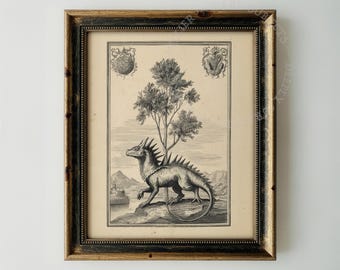Ilustración de dragón estilo grabado antiguo, arte mural gótico vintage (descarga digital)