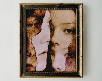 Donkere surrealistische kunst, portret van gefragmenteerde vrouwelijke gezichten, afdrukbare muurkunst