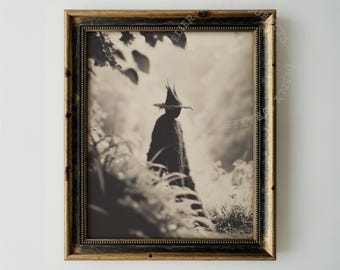 Silueta de espantapájaros fantasmal de estilo Dark Folk, arte mural de terror vintage, decoración atmosférica, paisaje brumoso embrujado.