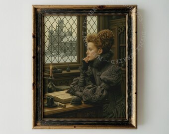 Timeless Elegance Victorian Woman Portrait, Dark Academia Window Scene Digital Download