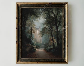 Misty Forest Path, Vintage Manor House Painting Printable Wall Art (Digital Download)
