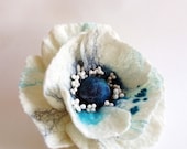 Felted Flower Brooch, Hand Felted Jewelry, Flower Pin,Poppy Brooch,White and blue Flower "A little bit different poppy" /Made to order
