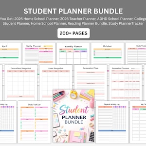 May include: A student planner bundle with various pages for organisation. Includes monthly, daily, and semester planners, plus trackers for books and physical activity. The bundle also includes a study task list and timetable. The text "Student Planner Bundle" is visible.