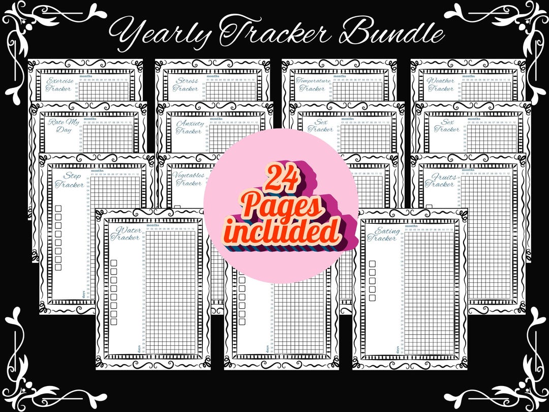 24 Yearly Trackers Bundle - BLACK and WHITE Printable Journal Pages ...