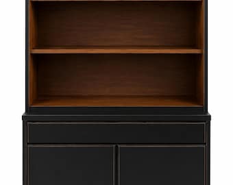 Vintage Mid Century Modern Black & Walnut Hutch Cabinet Bookcase. Delivery Priced Separately.