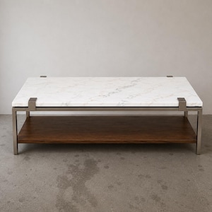 Modern Marble Coffee Table with Metal Frame & Wood Lower Shelf. Delivery Priced Separately.