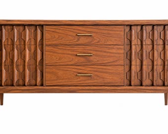 Vintage Mid Century Modern Kent Coffey Lowboy Dresser | Sculpted Geometric Doors | Credenza Buffet Console. Delivery Priced Separately.