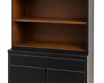 Vintage Mid Century Modern Black & Walnut Hutch Cabinet Bookcase. Delivery Priced Separately.