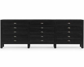Extra Long Black 15 Drawer Credenza | Pro Shop Cabinet | Storage Console | Apothecary Cabinet. Delivery Priced Separately.