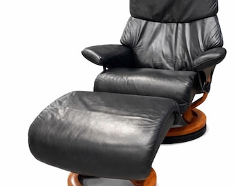 Black Leather Ekornes Stressless Recliner & Ottoman. MCM Vibes. Delivery Priced Separately.