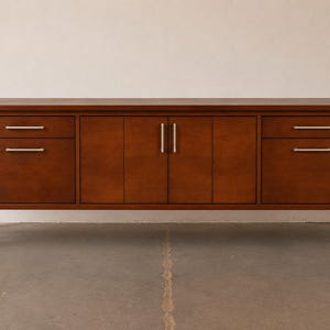 Long Mid Century Modern Walnut Credenza Sideboard Console. 74 inches. Delivery Priced Separately.