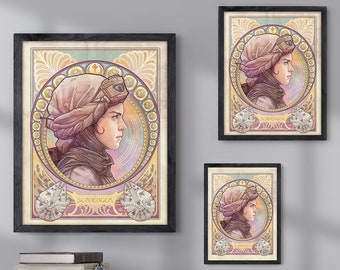 May include: Three framed art prints of a woman with a brown hat and goggles. The prints are in an art deco style with a pink and purple background. The prints are hanging on a grey wall above a metal cabinet.