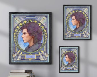 May include: Three framed art prints of a man with dark hair and a blue background. The prints are in black frames and are hanging on a grey wall. The largest print has the word "Kylo" at the bottom. The prints are above a metal cabinet with two doors.