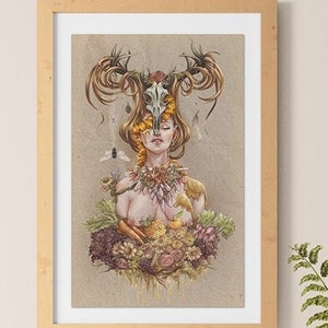 Horns and Honey- Rustic Nature Farm Goddess with Skull Antlers Crystals- Original Illustration Print by Miss Tak- Three Sizes Available