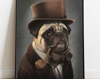 MR HIPPO QUIRKY ANIMAL PORTRAIT Art Print Poster Victorian Vintage Blue Top Hat