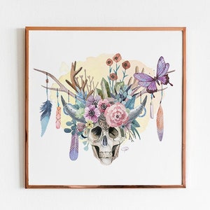 Offering- A Skull with Antlers Horns and Feathers among flowers and greens Original BOHO Compilation Print by Miss Tak- Two Sizes