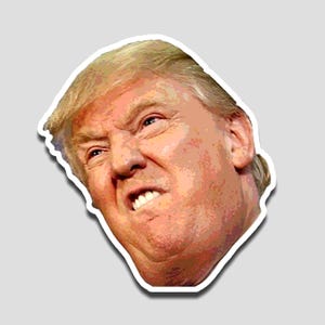 May include: A sticker featuring a stylized image of a man's face with a furrowed brow and a grimace. The man has light skin, blonde hair, and is wearing a white border.