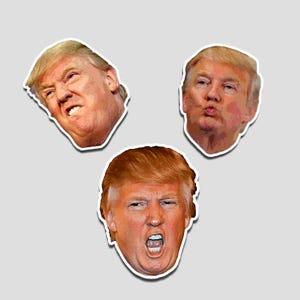 May include: Set of three die-cut stickers featuring the face of a man with different expressions. The stickers show the man with a scowl, puckering his lips, and yelling. The stickers have a white border and are on a gray background.