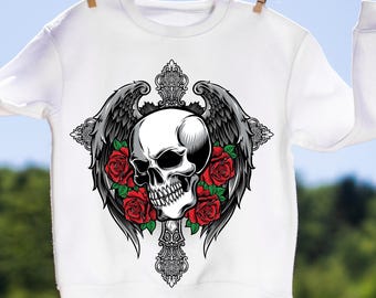 Gothic Skull Angel Wings SVG, Red Roses Dark Art (Printable Download)