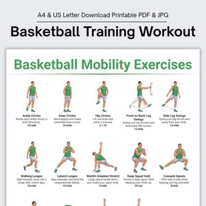 Könnte beinhalten: Ein druckbares A4- und US-Letter-Dokument mit dem Titel Basketball Training Workout und Basketball Mobility Exercises. Es zeigt zehn illustrierte Figuren in grünen T-Shirts und grauen Shorts, die verschiedene Mobilitätsübungen mit Anleitungen darstellen.