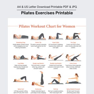 Op de afbeelding: Een afdrukbare Pilates oefeningenkaart voor vrouwen, met illustraties van verschillende oefeningen. De kaart bevat oefeningennamen zoals "Ademhaling voorbereiden", "Bekken kantelen" en "Kniebuigingen", met instructies. Beschikbaar in A4- en US Letter-formaten.