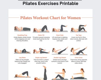 Pilates Exercises Printable, 16 Step Pilates Workout, Home Fitness Routine Guide, No Exercise Equipment, Instant Download PDF