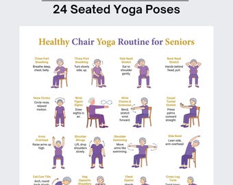 Stoelyoga-routine voor senioren afdrukbaar, zittende oefeningen, poster yoga voor ouderen, fitnessposter (digitale download)
