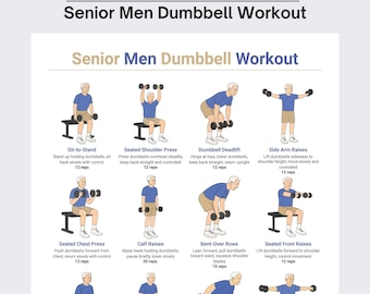 Rutina de ejercicios con mancuernas para hombres mayores (PDF imprimible), plan de entrenamiento con mancuernas, 16 ejercicios de fuerza para personas mayores (rutina de ejercicios en casa).