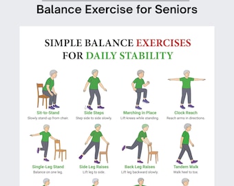 Senior Balance Exercises Chart, Printable Chair Exercise, Chair Exercises for the Elderly, Elderly Workout Guide, Pdf, Digital Download
