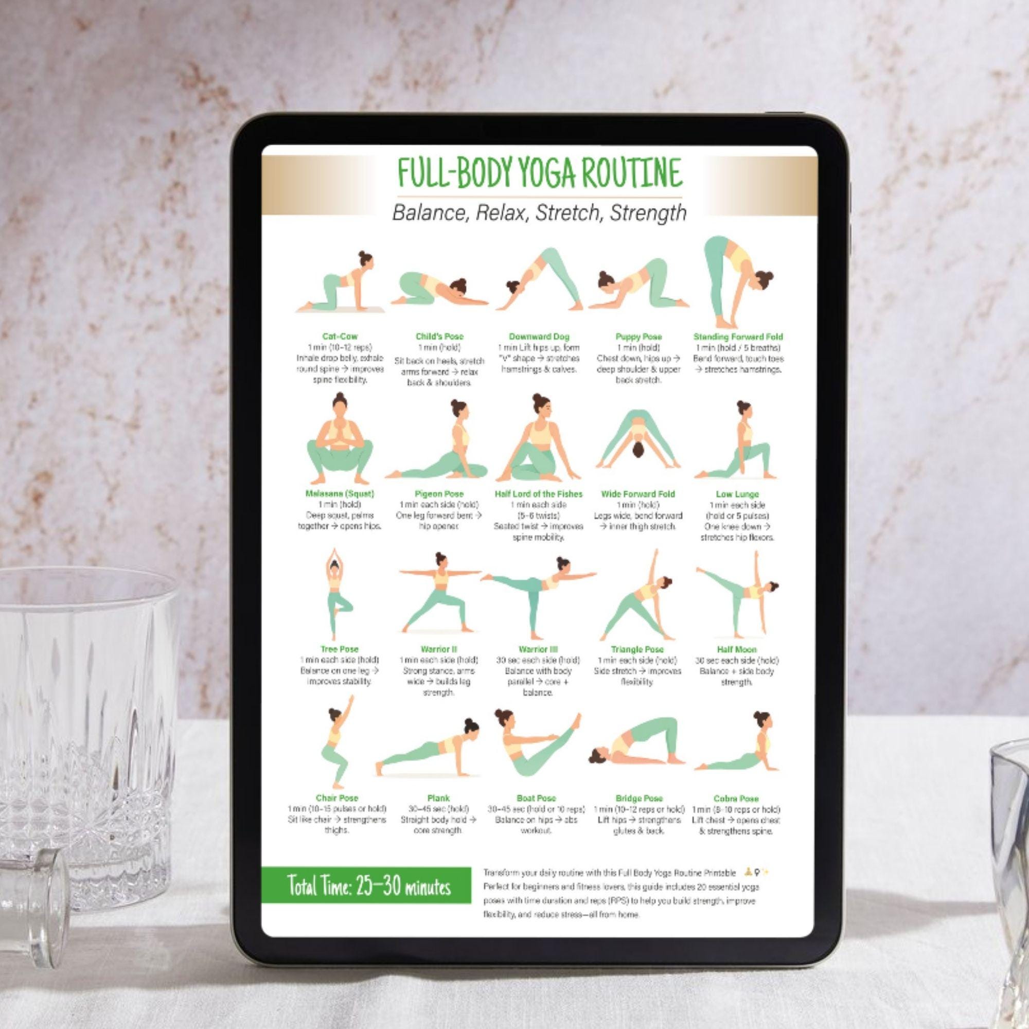 Full Body Yoga Routine Chart Printable, Daily Yoga Exercise Workout