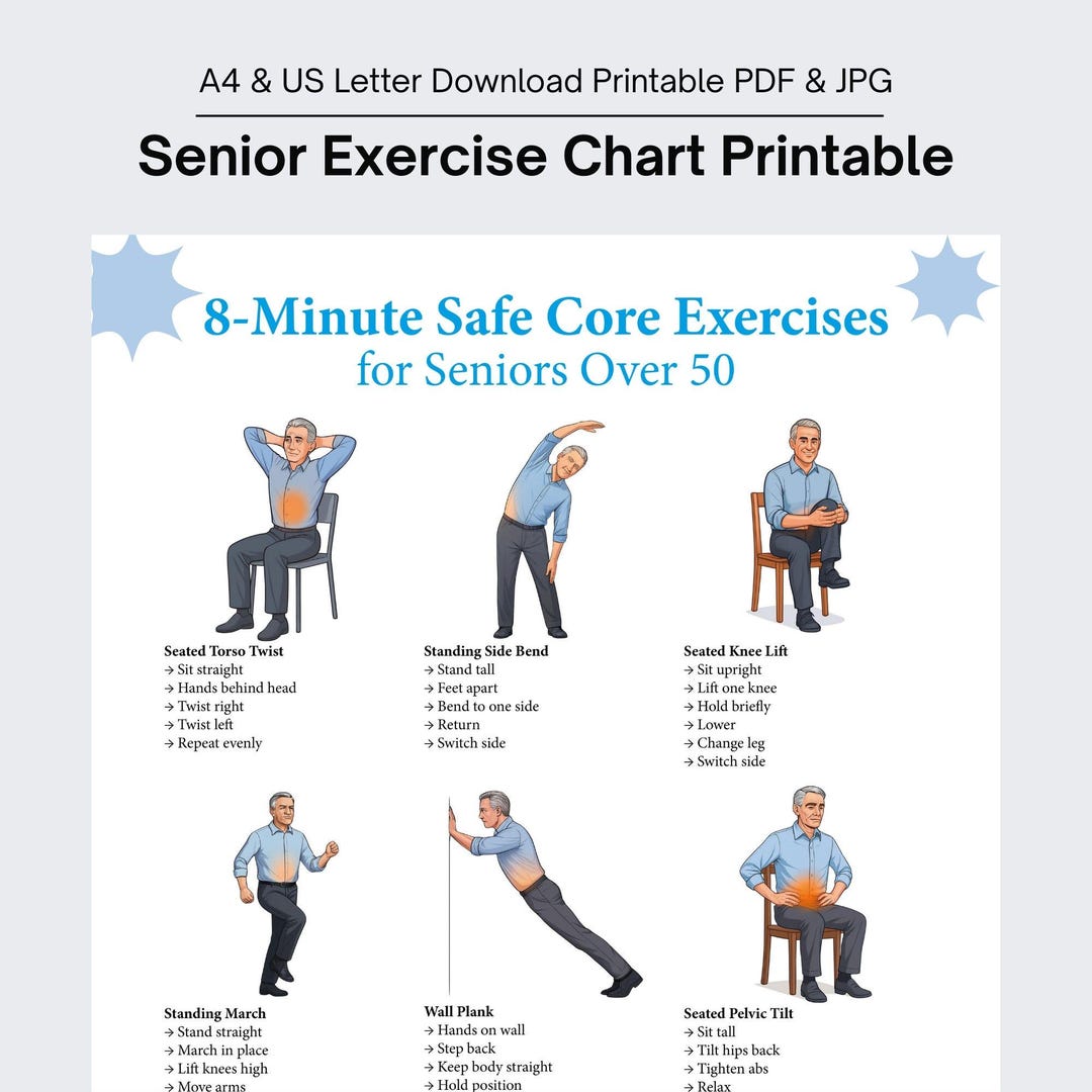 Senior Exercise Chart Printable, 8-minute Workout for Seniors, Easy ...
