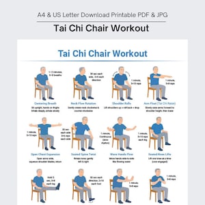 Può includere: Download PDF e JPG stampabile per un allenamento di Tai Chi su sedia. La guida didattica presenta illustrazioni di esercizi, tra cui respirazione di centraggio, rotazione del collo, rotazioni delle spalle e sollevamento delle braccia. Gli esercizi sono progettati per essere eseguiti da seduti.
