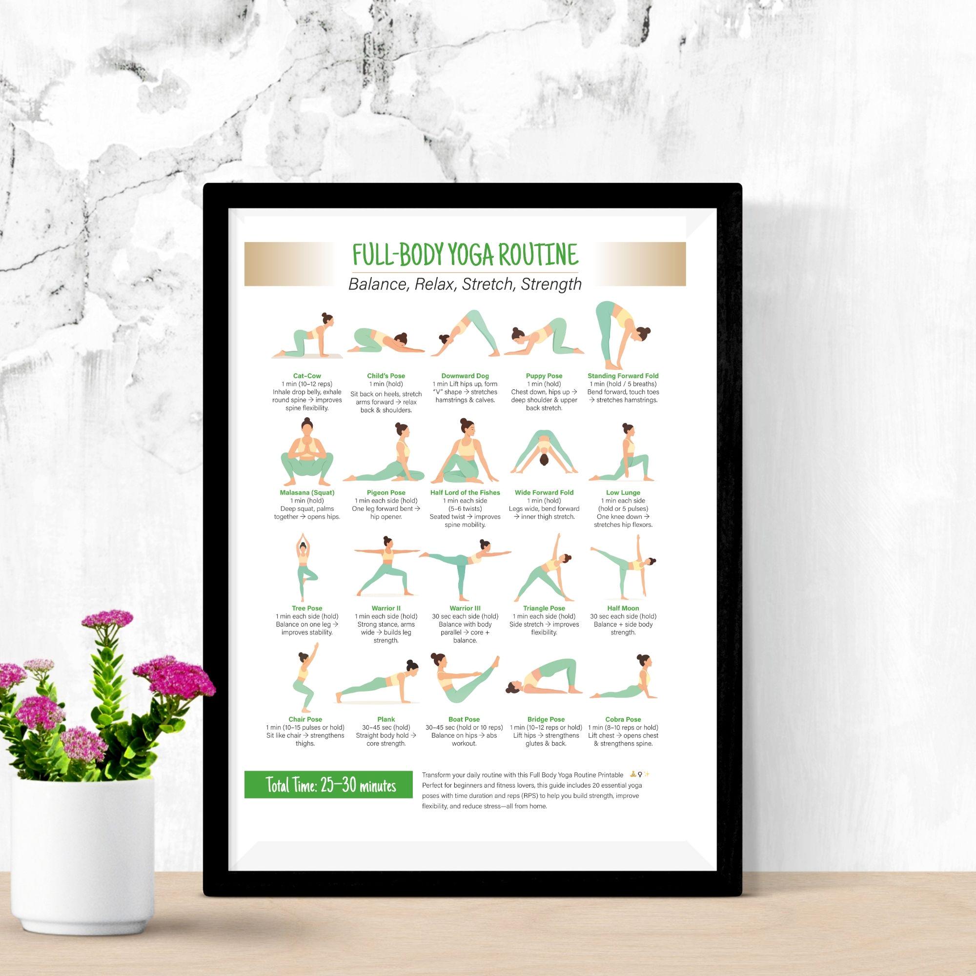 Full Body Yoga Routine Chart Printable, Daily Yoga Exercise Workout