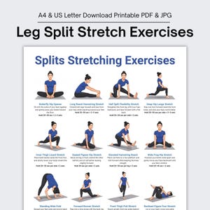 Splits Stretching Exercises Printable, Flexibility Stretch Poster, Yoga Mobility Guide, Gym Wall Art, Leg Split Stretch Exercise