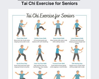 Tai Chi Exercise for Seniors, Senior women Fitness, Tai Chi Printable Exercises, Tai Chi Walking Chart, Tai Chi Poster