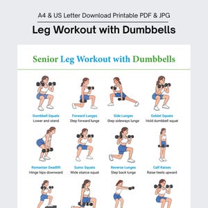 Beentraining met halters voor senioren Afdrukbaar, gids voor oefeningen voor beenkracht, schema voor thuistraining, fitnessposter, digitale download-pdf
