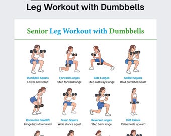 Leg Workout with Dumbbells for Seniors Printable, Leg Strength Exercise Guide, Home Workout Chart, Fitness Poster, Digital Download PDF