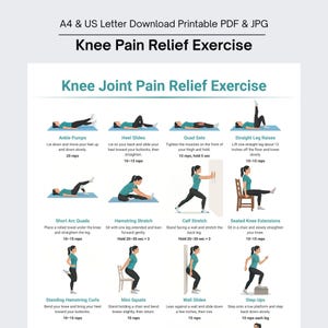 May include: A printable A4 and US Letter PDF and JPG chart titled Knee Pain Relief Exercise. It features twelve illustrated instructional diagrams showing various physical therapy movements with descriptive text and repetition counts for each exercise.