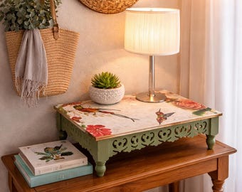Decoupage Riser Stand | Hummingbird Floral Shelf Styling Accent, Functional Art