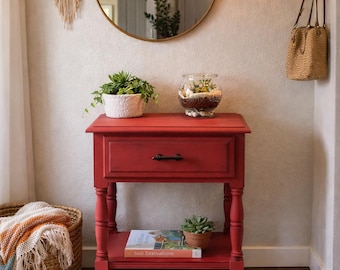 Red Accent Table – Hand Painted Side Table, Eclectic Statement Furniture