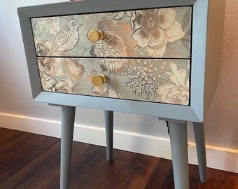 Blue Side Table – Hand Painted Accent Table with USB & Electrical, One of a Kind Furniture