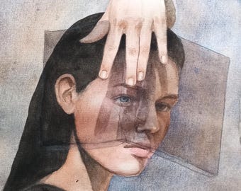 May include: Watercolor painting of a woman with long black hair, a hand over her head, and floating book illustrations. The artwork features a muted color palette with shades of blue, gray, and brown, creating a contemplative and artistic feel.