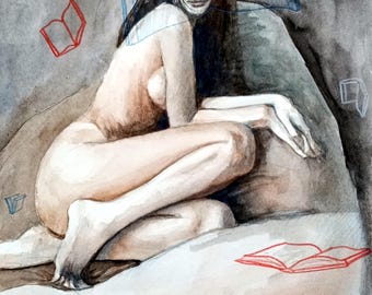 May include: Watercolor painting of a nude figure reclining on a pillow, surrounded by floating book outlines in red and blue. The artwork has a soft, muted color palette with a focus on the figure's form and expression.